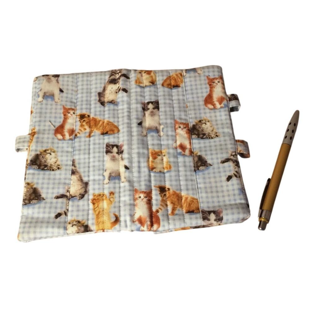 Fabric Checkbook Cover Blue Checkered Kitten Cat Pattern Handmade Soft Quilted